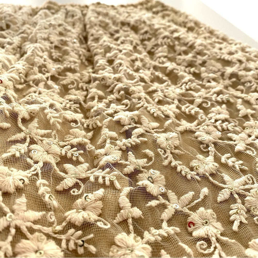 Cream Floral Lace Mesh Sequined Dressy Palazzo Wide Leg Cropped Ankle Pants S-M - Picture 4 of 10